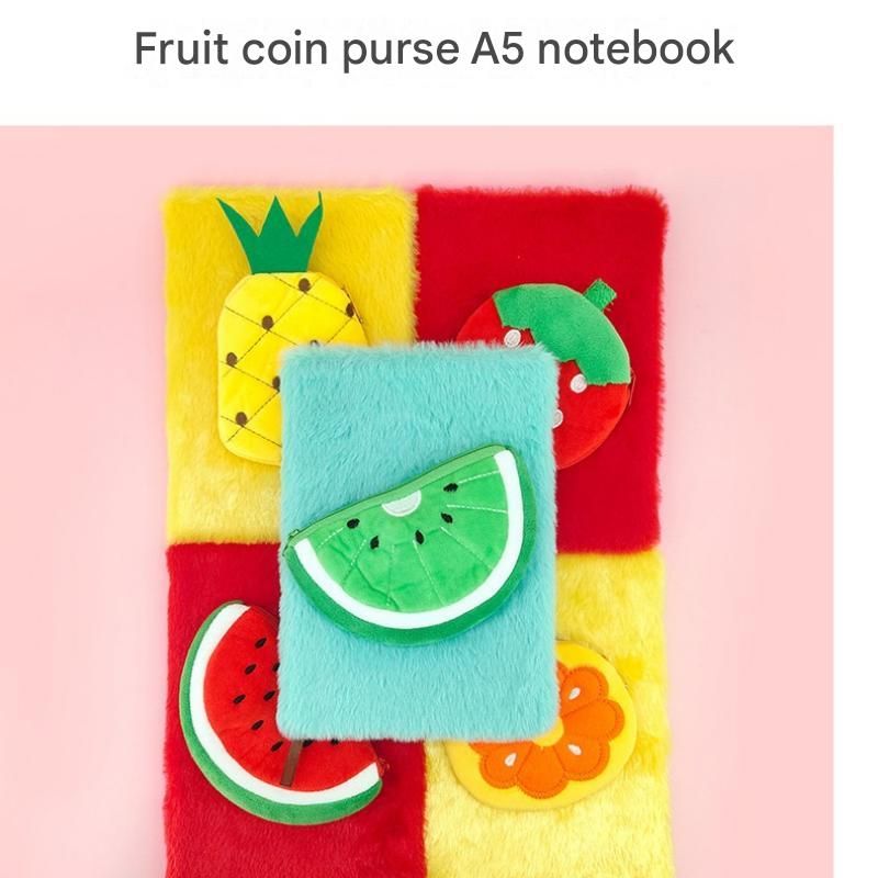 A5 Plush Fruit Notebook  with detachable orange-shaped coin purse — features a soft plush cover and 80 lined pages; a cute design perfect for school use or journaling