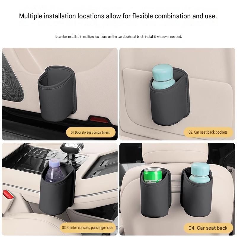 Black Universal Car Door Cup Holder - PU Leather Hanging Storage Organizer for Seat Back and Console side and Door storage compartment - Multi-Purpose Beverage Pocket with Secure Clip Design for Travel and Commute