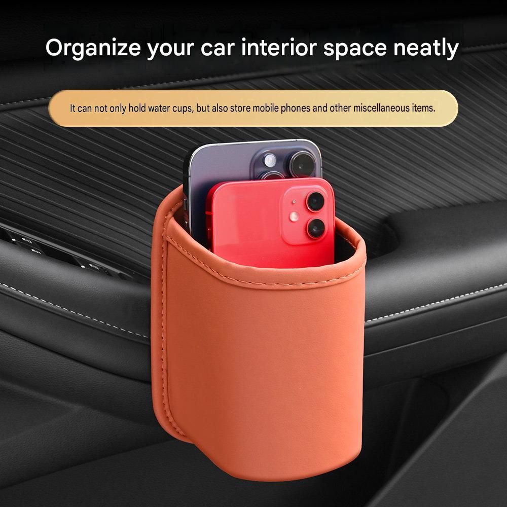 Orange Universal Car Door Cup Holder - PU Leather Hanging Storage Organizer for Seat Back and Console side and Door storage compartment - Multi-Purpose Beverage Pocket with Secure Clip Design for Travel and Commute
