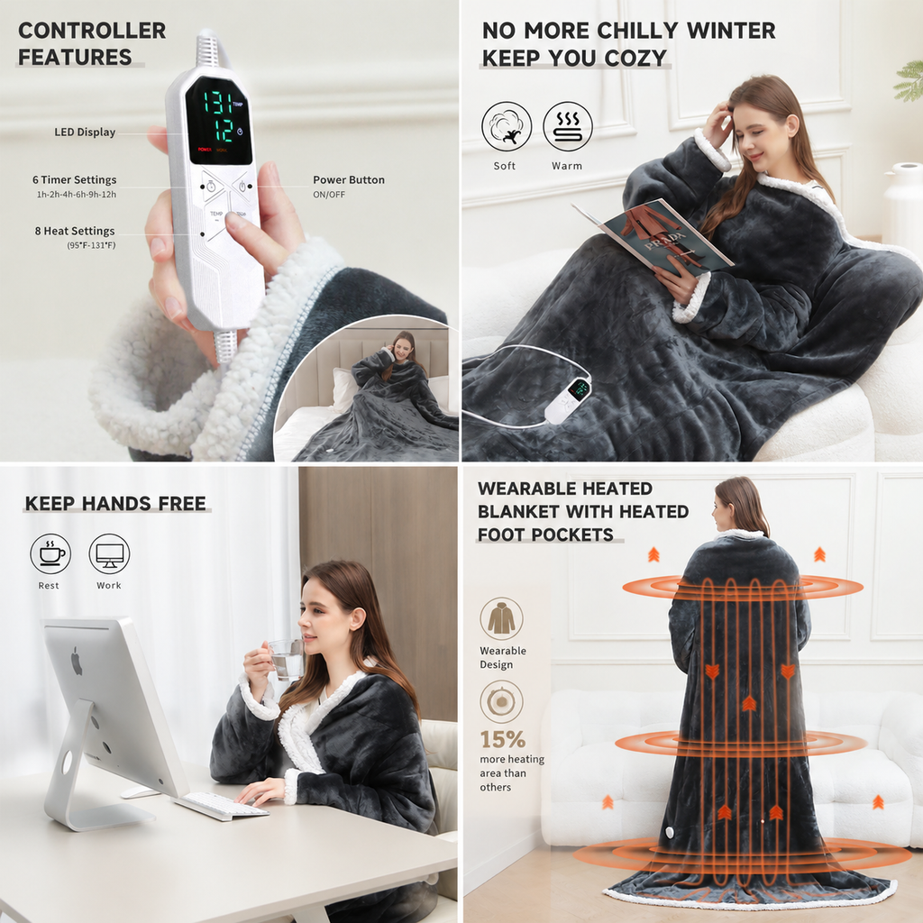Wearable Electric Heated Blanket with Foot Pocket 127x177cm and Suede Fleece Slippers Set AU 9-10, Winter Warm Home Comfort Bundle