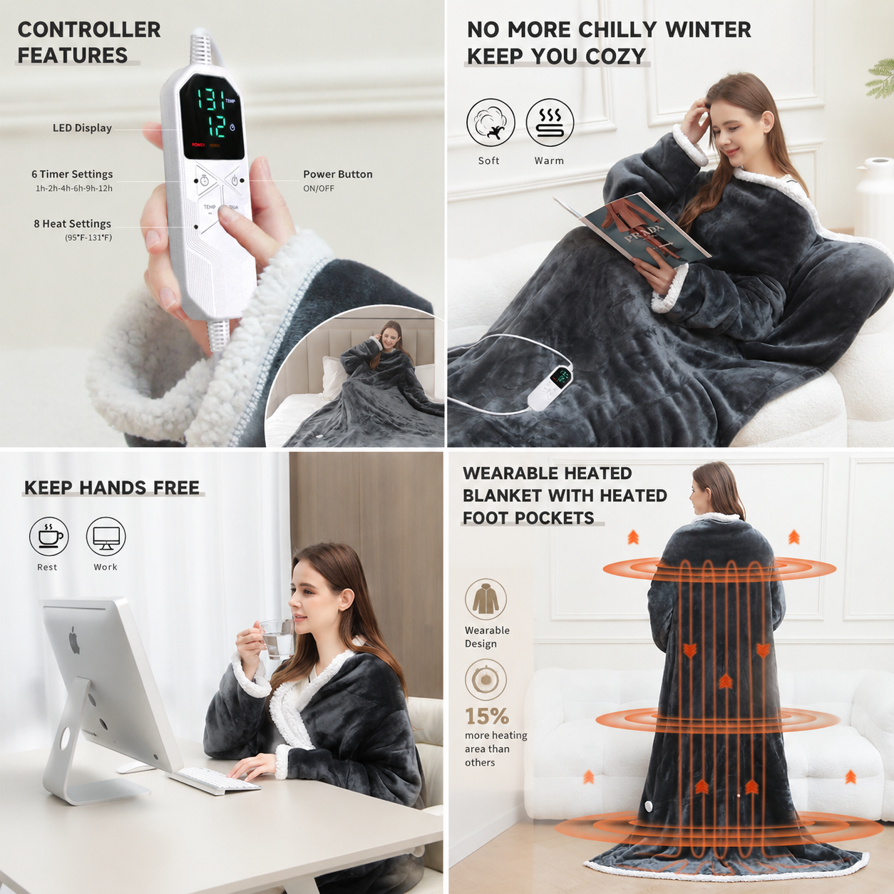 Wearable Electric Heated Blanket with Foot Pocket 127x177cm and Suede Fleece Slippers Set AU 9-10, Winter Warm Home Comfort Bundle