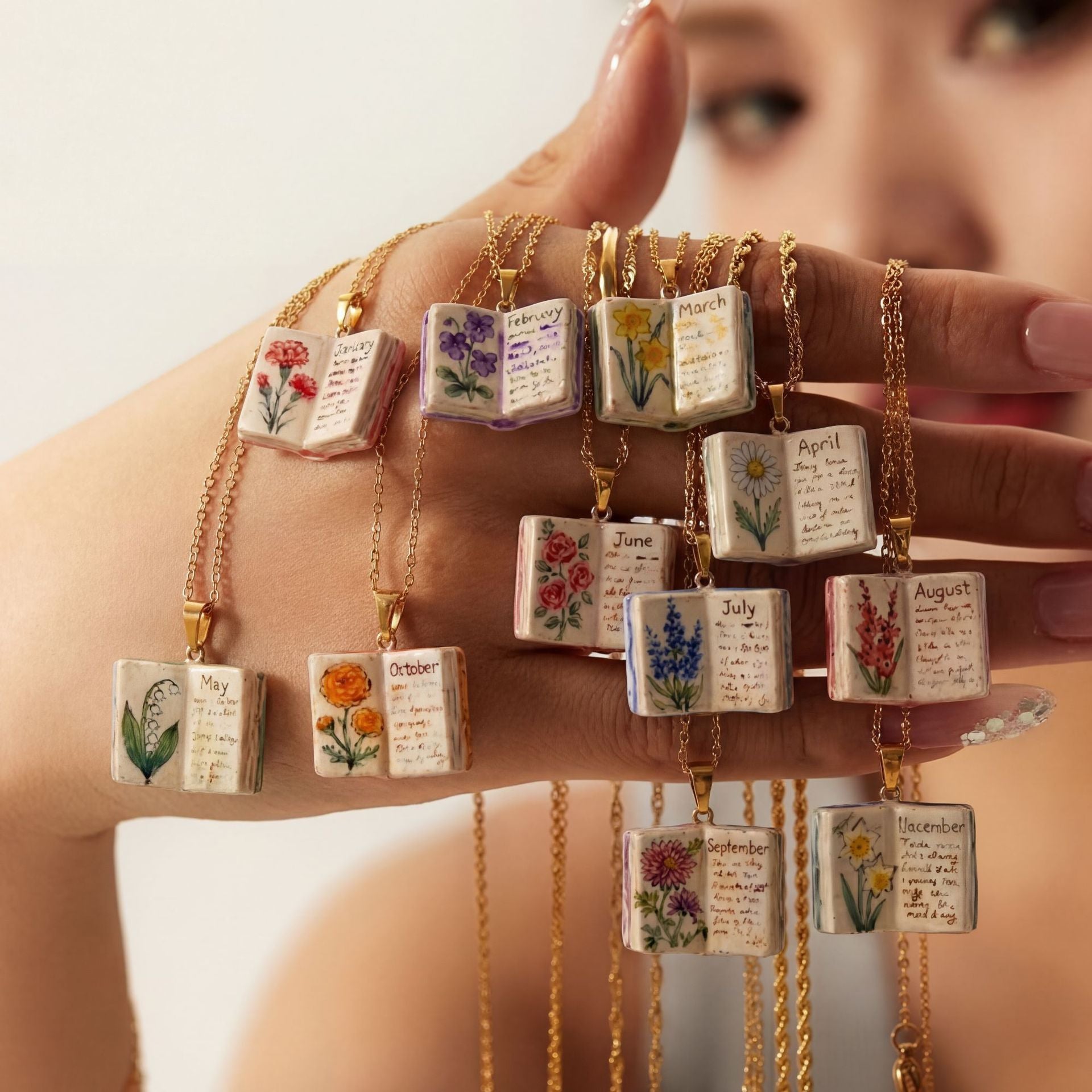 Vintage-style book necklace with December birthday flowers, a luxurious gold-plated bronze exquisite floral pendant gift