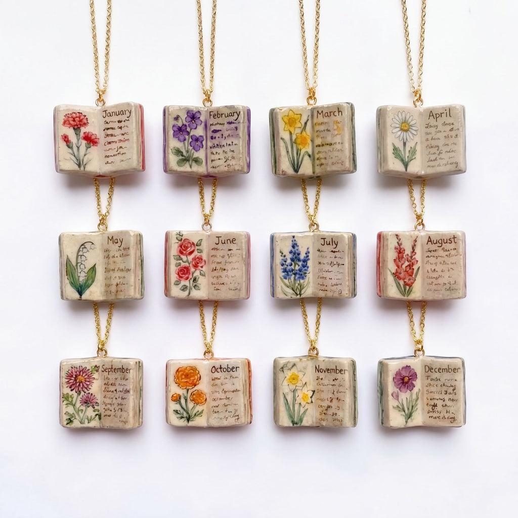 Vintage-style book necklace with January birthday flowers, a luxurious gold-plated bronze exquisite floral pendant gift