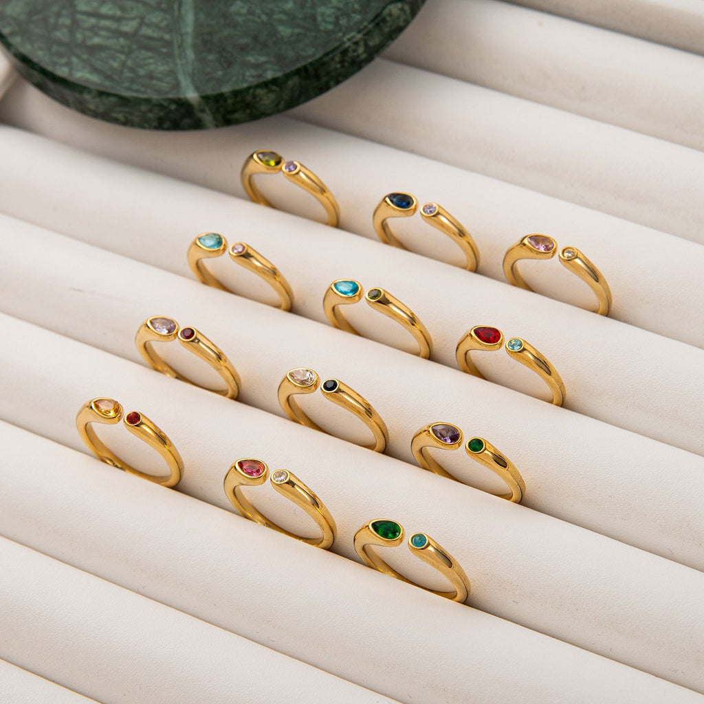 Adjustable Birthstone(May) Open Ring Set 18K Gold Plated Stainless Steel Minimalist Dainty Stackable Gemstone Rings Personalized Jewelry Gift Box Included Everyday Wear Gift