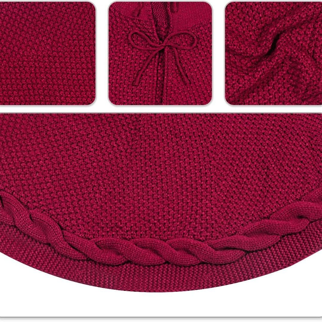 Knitted Christmas Tree Skirt 36 Inch Red Round Tree Base Cover with Cable Knit Border Soft Holiday Tree Skirt Rustic Christmas Decor for Home Fireplace Party Festive Gift Display