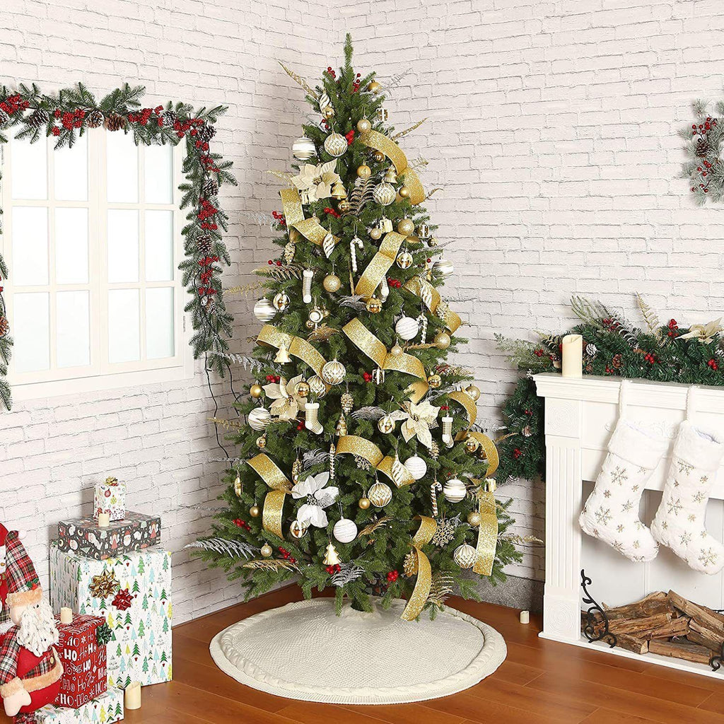 Knitted Christmas Tree Skirt 48 Inch White Round Tree Base Cover with Cable Knit Border Soft Holiday Tree Skirt Rustic Christmas Decor for Home Fireplace Party Festive Gift Display