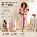 Women's Pink Coral Fleece Hooded Bathrobe with Leopard Print Trim (L)- Soft Plush Wrap Robe with Pockets and Tie Belt for Lounging