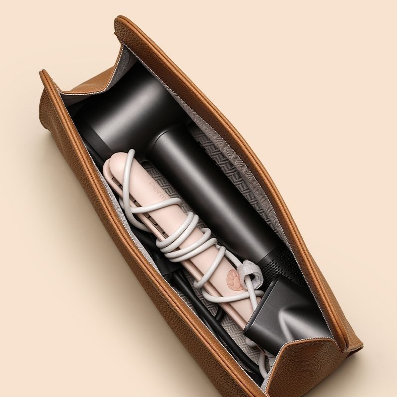 Brown Hair Dryer Storage Bag - Faux Leather Travel Organizer with Magnetic Closure, Waterproof Heat Resistant Pouch for Straighteners Curling Irons and Styling Tools