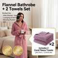 Women's Coral Fleece Hooded Bathrobe (S size) Set with 2 Pineapple Grid Towels - Ultra Soft Absorbent Loungewear for Home Spa and Post Shower Comfort