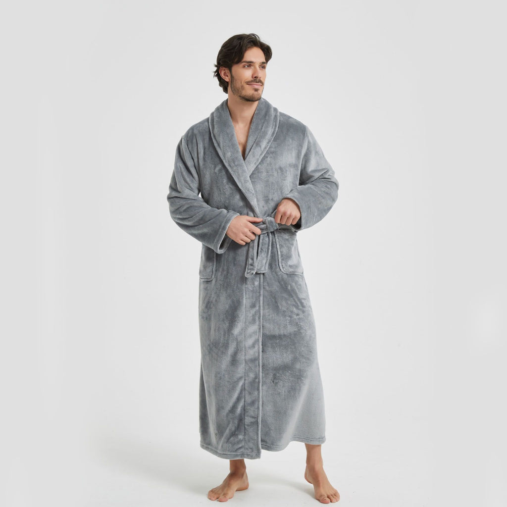 Men's Flannel Bathrobe Grey M Size - Soft Coral Fleece Hooded Kimono Collar Dressing Gown Loose Fit Warm Comfortable Loungewear Home Spa Easy Care Machine Washable