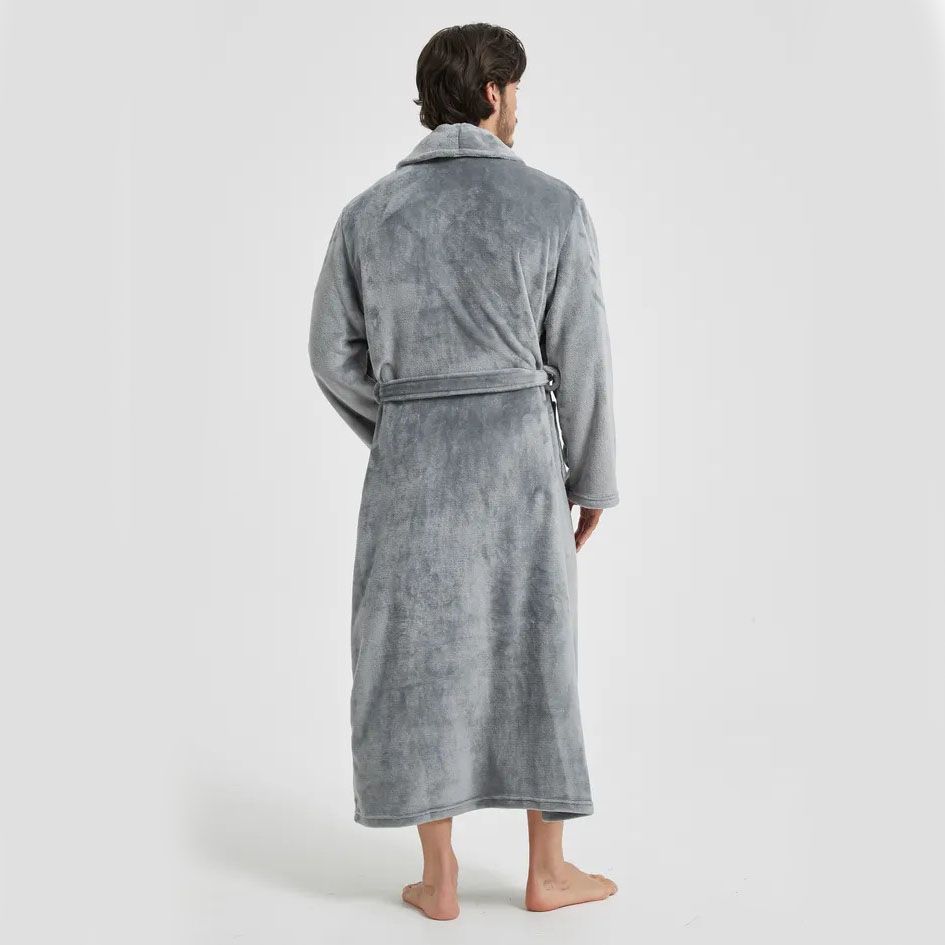 Men's Flannel Bathrobe Grey M Size - Soft Coral Fleece Hooded Kimono Collar Dressing Gown Loose Fit Warm Comfortable Loungewear Home Spa Easy Care Machine Washable