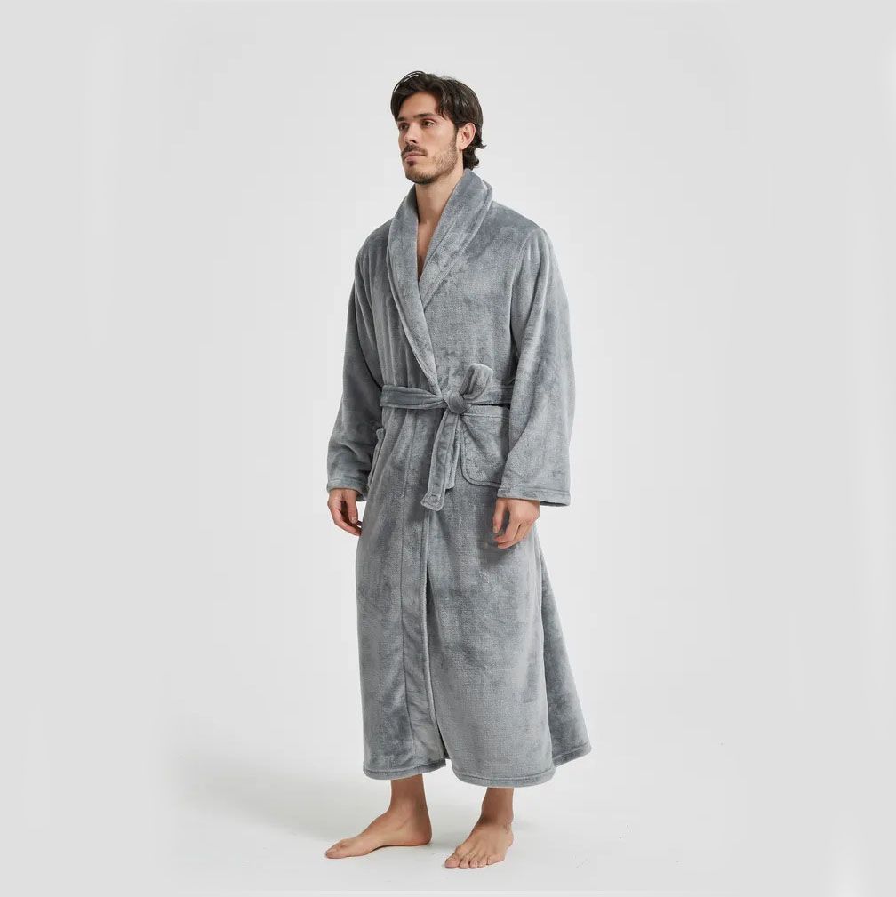 Men's Flannel Bathrobe Grey M Size - Soft Coral Fleece Hooded Kimono Collar Dressing Gown Loose Fit Warm Comfortable Loungewear Home Spa Easy Care Machine Washable