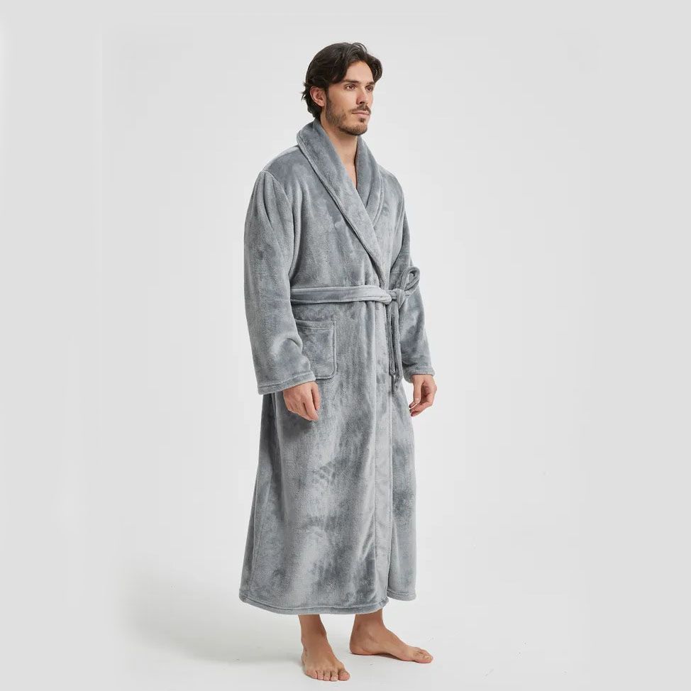 Men's Flannel Bathrobe Grey L Size - Soft Coral Fleece Hooded Kimono Collar Dressing Gown Loose Fit Warm Comfortable Loungewear Home Spa Easy Care Machine Washable