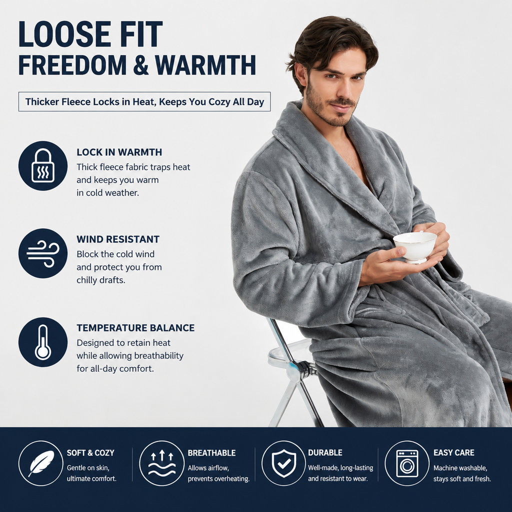 Men's Flannel Bathrobe Grey XXL Size - Soft Coral Fleece Hooded Kimono Collar Dressing Gown Loose Fit Warm Comfortable Loungewear Home Spa Easy Care Machine Washable