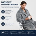 Men's Flannel Bathrobe Grey XXL Size - Soft Coral Fleece Hooded Kimono Collar Dressing Gown Loose Fit Warm Comfortable Loungewear Home Spa Easy Care Machine Washable