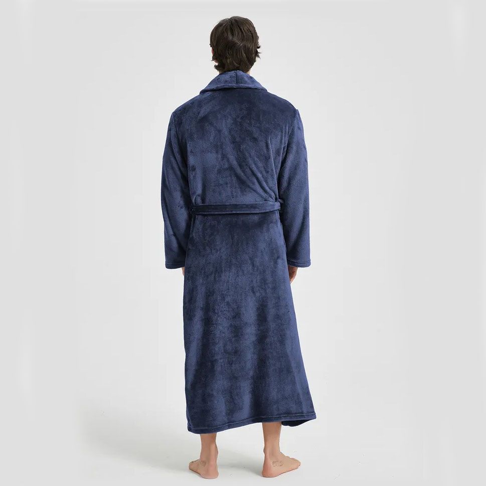 Men's Flannel Bathrobe blue M Size - Soft Coral Fleece Hooded Kimono Collar Dressing Gown Loose Fit Warm Comfortable Loungewear Home Spa Easy Care Machine Washable