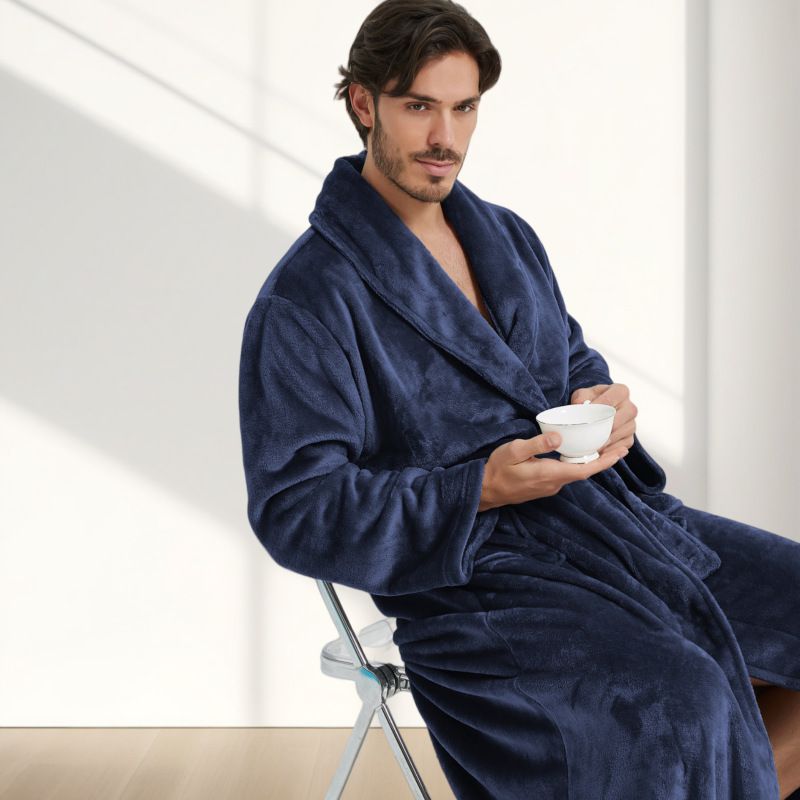 Men's Flannel Bathrobe blue XXL Size - Soft Coral Fleece Hooded Kimono Collar Dressing Gown Loose Fit Warm Comfortable Loungewear Home Spa Easy Care Machine Washable