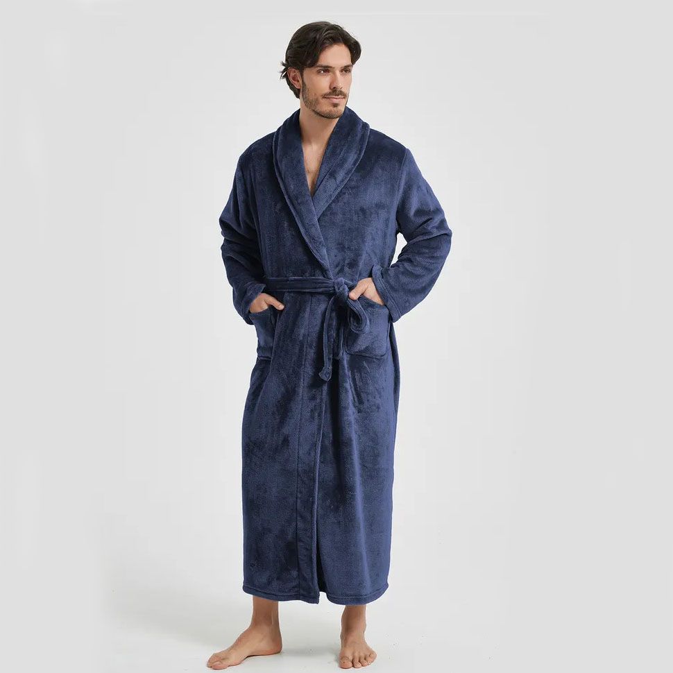 Men's Flannel Bathrobe blue XXL Size - Soft Coral Fleece Hooded Kimono Collar Dressing Gown Loose Fit Warm Comfortable Loungewear Home Spa Easy Care Machine Washable