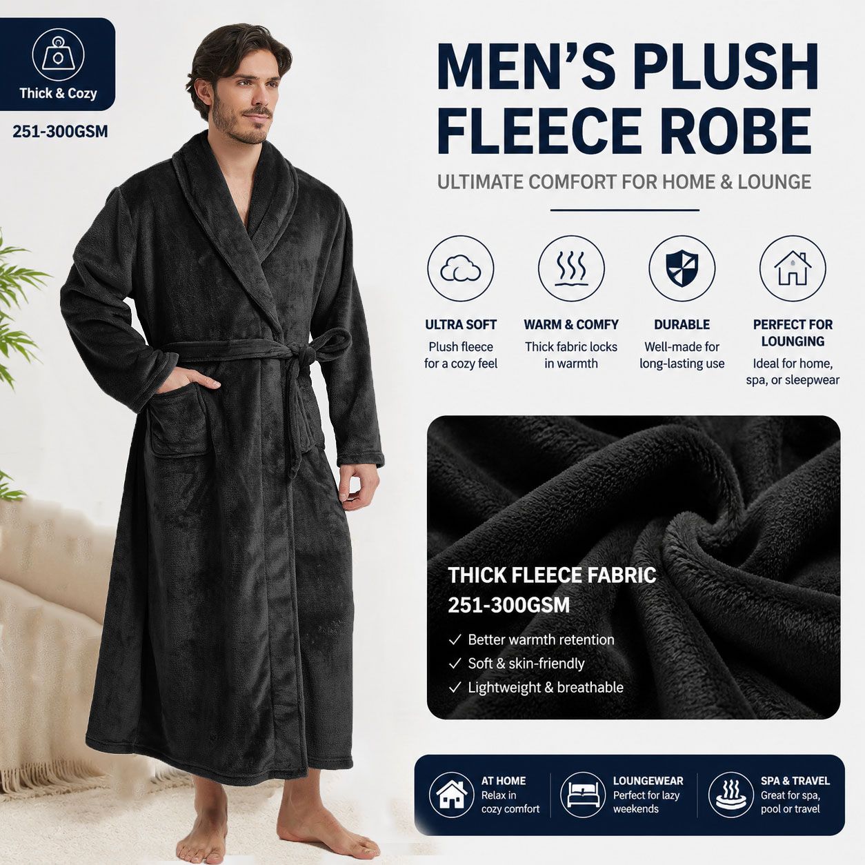 Men's Flannel Bathrobe Black M Size - Soft Coral Fleece Hooded Kimono Collar Dressing Gown Loose Fit Warm Comfortable Loungewear Home Spa Easy Care Machine Washable