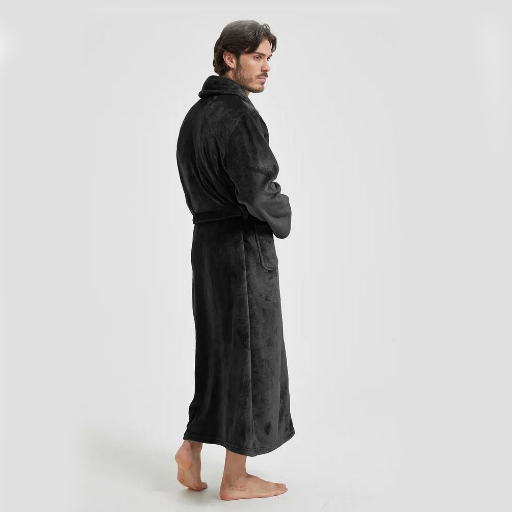 Men's Flannel Bathrobe Black M Size - Soft Coral Fleece Hooded Kimono Collar Dressing Gown Loose Fit Warm Comfortable Loungewear Home Spa Easy Care Machine Washable