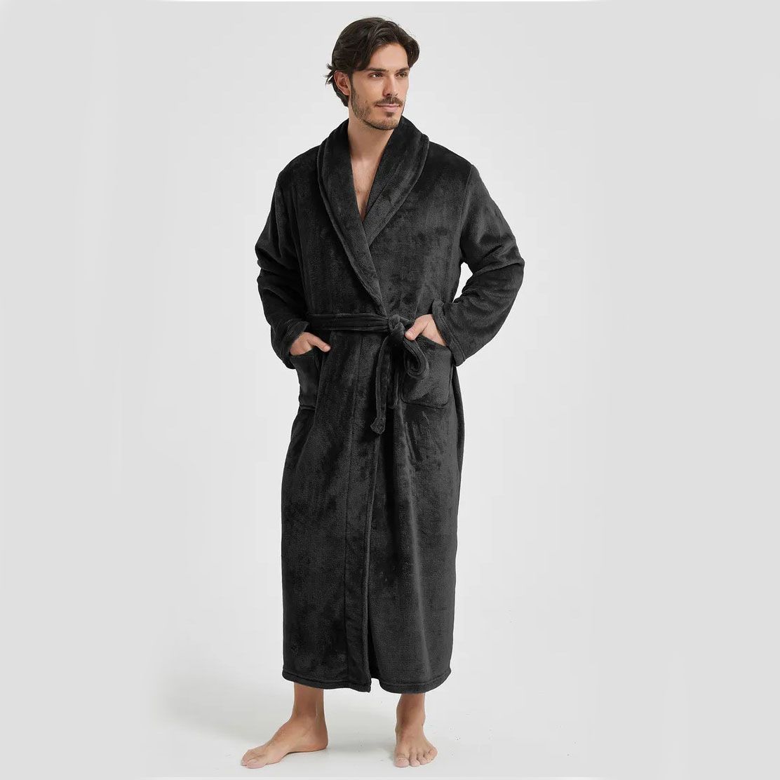 Men's Flannel Bathrobe Black M Size - Soft Coral Fleece Hooded Kimono Collar Dressing Gown Loose Fit Warm Comfortable Loungewear Home Spa Easy Care Machine Washable