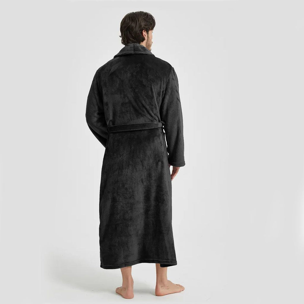Men's Flannel Bathrobe Black L Size - Soft Coral Fleece Hooded Kimono Collar Dressing Gown Loose Fit Warm Comfortable Loungewear Home Spa Easy Care Machine Washable