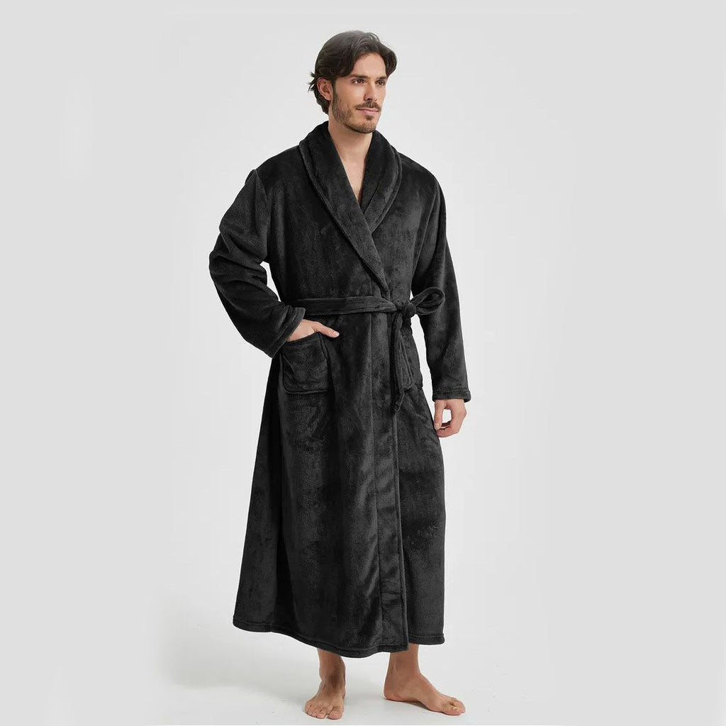 Men's Flannel Bathrobe Black XXL Size - Soft Coral Fleece Hooded Kimono Collar Dressing Gown Loose Fit Warm Comfortable Loungewear Home Spa Easy Care Machine Washable
