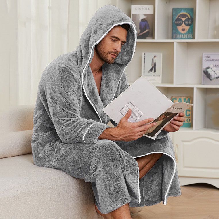 Men's Plush Fleece Hooded Bathrobe Grey M Size Shawl Collar Dressing Gown - Thick Warm Soft Winter Loungewear with Belt Deep Pockets Machine Washable Home Spa Comfort Gift Ready