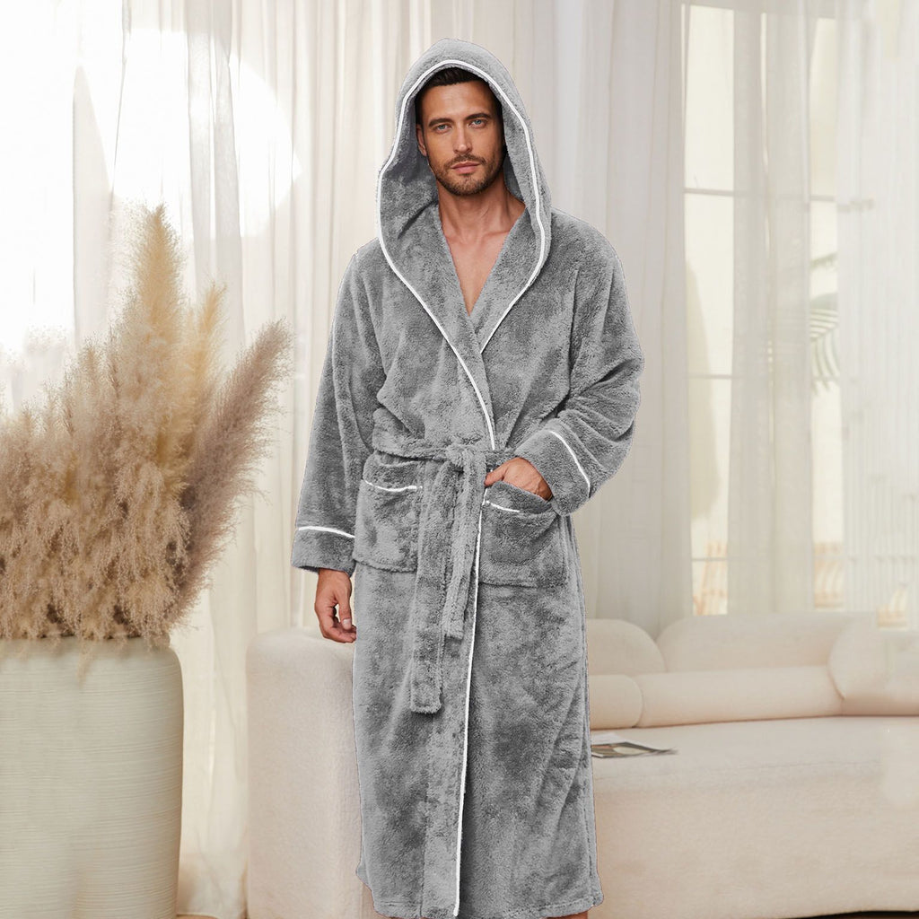 Men's Plush Fleece Hooded Bathrobe Grey L Size Shawl Collar Dressing Gown - Thick Warm Soft Winter Loungewear with Belt Deep Pockets Machine Washable Home Spa Comfort Gift Ready
