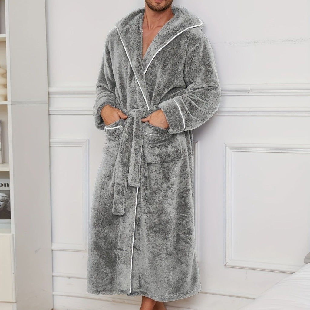 Men's Plush Fleece Hooded Bathrobe Grey XL Size Shawl Collar Dressing Gown - Thick Warm Soft Winter Loungewear with Belt Deep Pockets Machine Washable Home Spa Comfort Gift Ready
