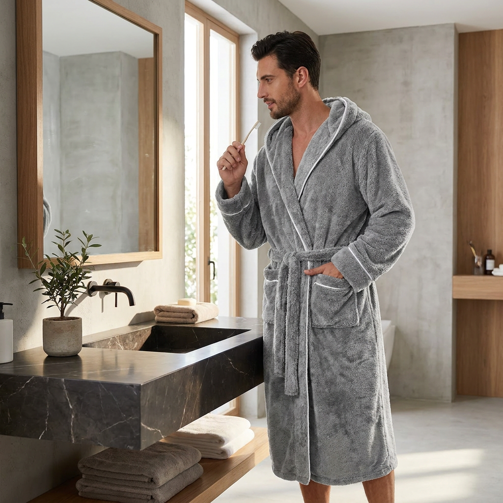 Men's Plush Fleece Hooded Bathrobe Grey XXL Size Shawl Collar Dressing Gown - Thick Warm Soft Winter Loungewear with Belt Deep Pockets Machine Washable Home Spa Comfort Gift Ready