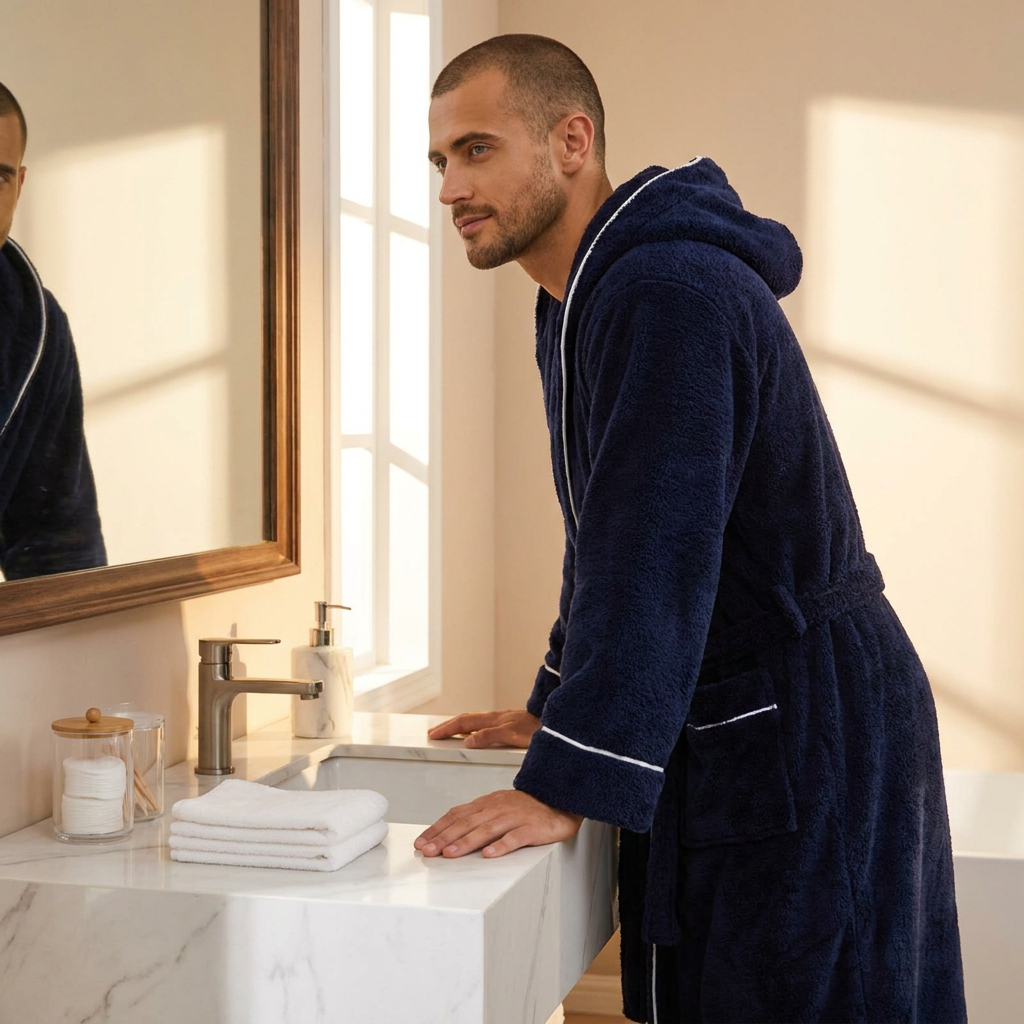 Men's Plush Fleece Hooded Bathrobe Blue M Size Shawl Collar Dressing Gown - Thick Warm Soft Winter Loungewear with Belt Deep Pockets Machine Washable Home Spa Comfort Gift Ready
