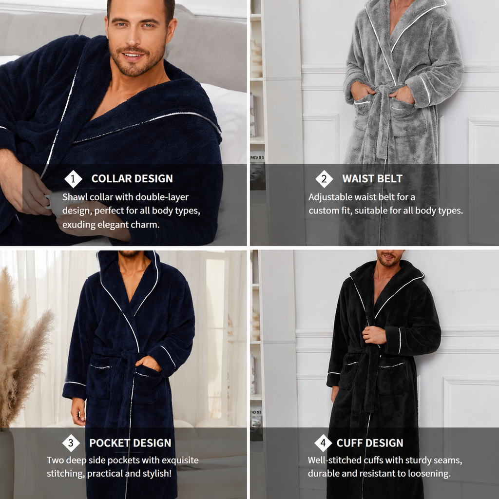 Men's Plush Fleece Hooded Bathrobe Black M Size Shawl Collar Dressing Gown - Thick Warm Soft Winter Loungewear with Belt Deep Pockets Machine Washable Home Spa Comfort Gift Ready