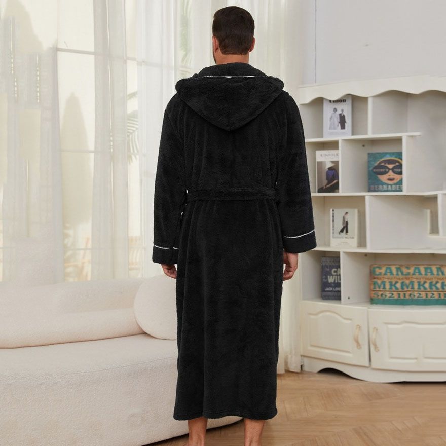 Men's Plush Fleece Hooded Bathrobe Black L Size Shawl Collar Dressing Gown - Thick Warm Soft Winter Loungewear with Belt Deep Pockets Machine Washable Home Spa Comfort Gift Ready