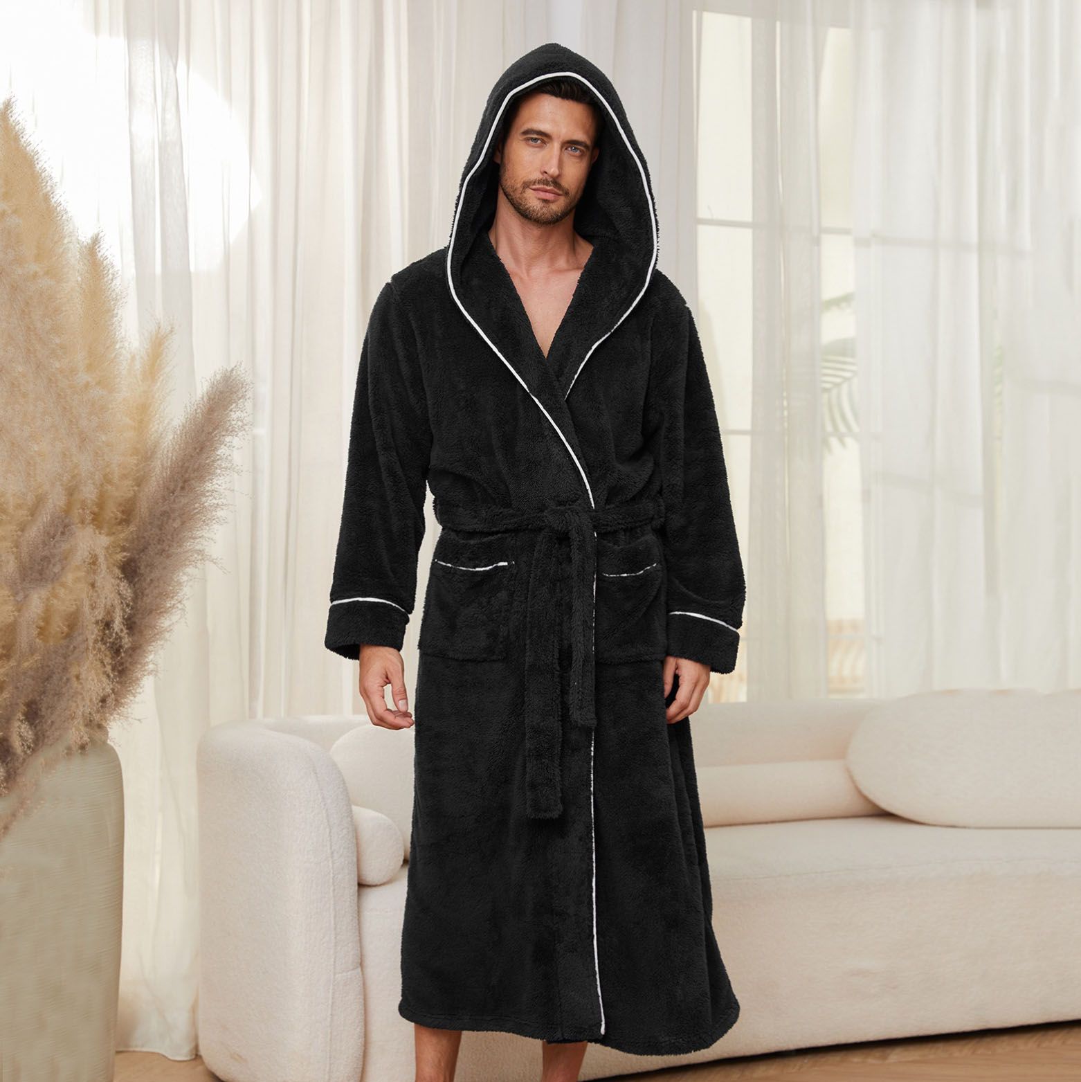 Men's Plush Fleece Hooded Bathrobe Black XL Size Shawl Collar Dressing Gown - Thick Warm Soft Winter Loungewear with Belt Deep Pockets Machine Washable Home Spa Comfort Gift Ready