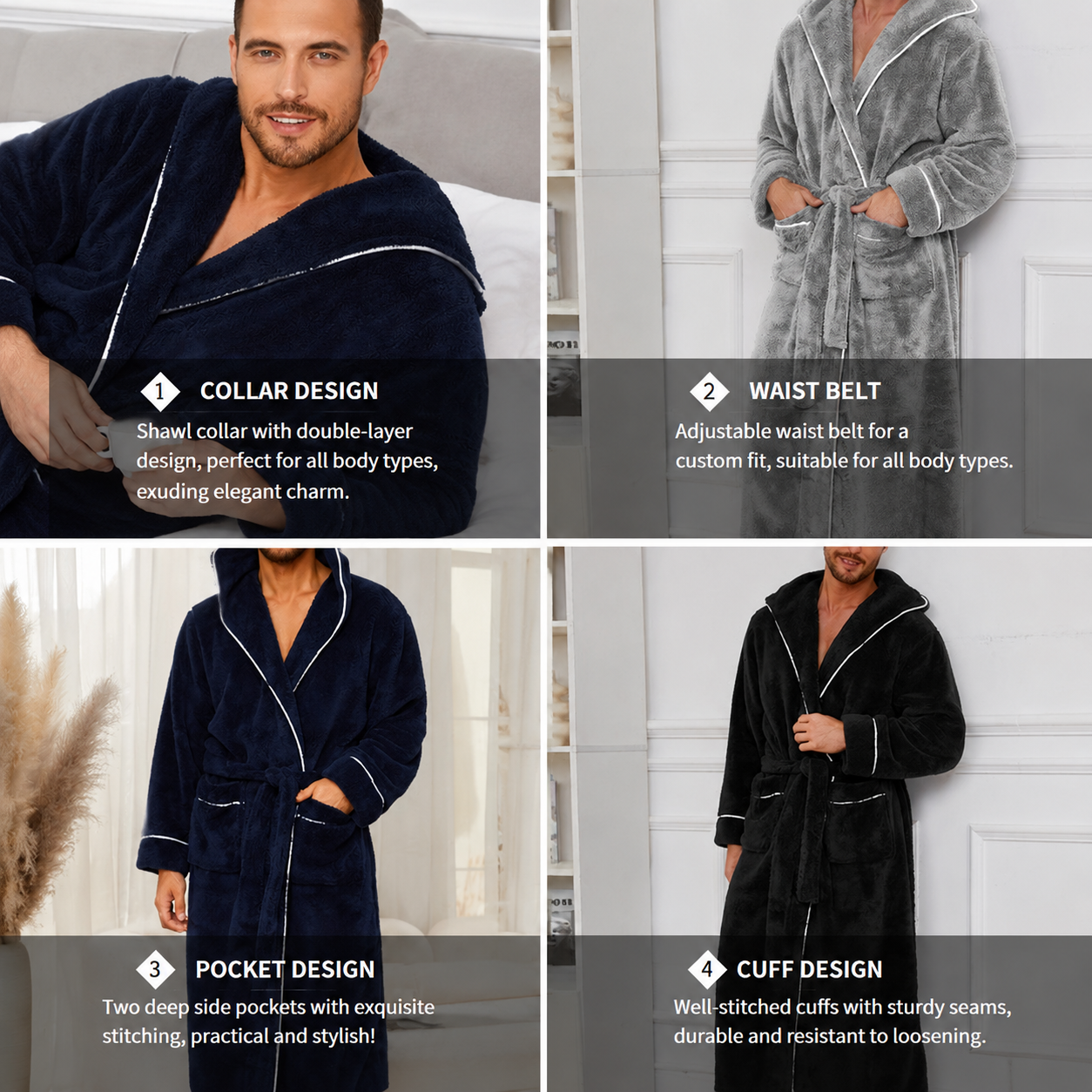 Men's Plush Fleece Hooded Bathrobe Black XL Size Shawl Collar Dressing Gown - Thick Warm Soft Winter Loungewear with Belt Deep Pockets Machine Washable Home Spa Comfort Gift Ready
