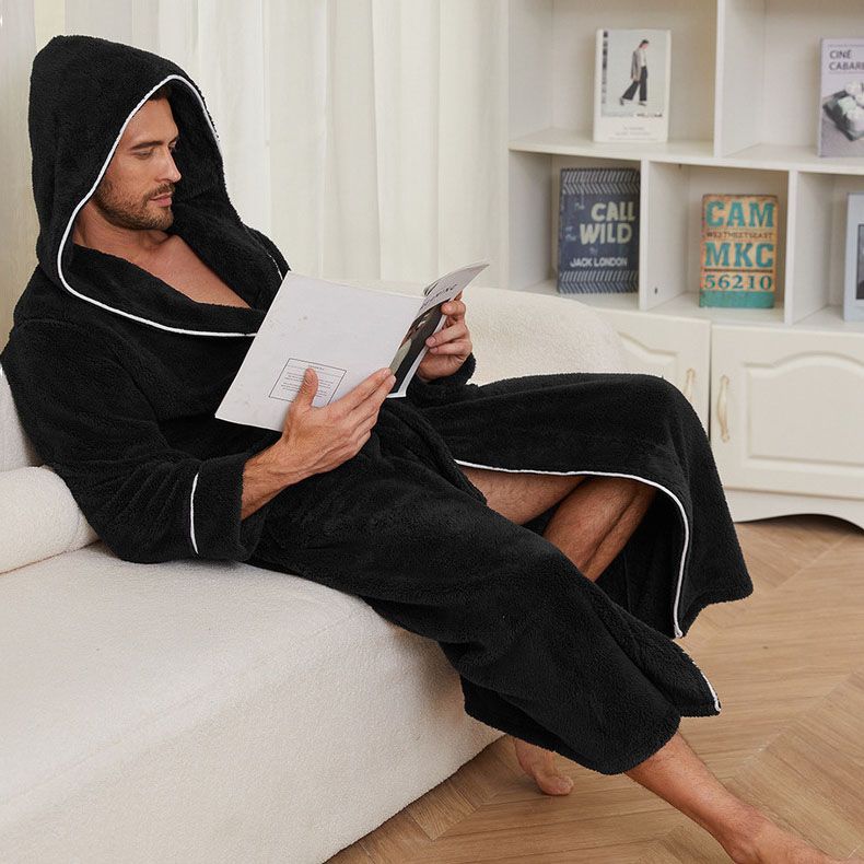 Men's Plush Fleece Hooded Bathrobe Black XXL Size Shawl Collar Dressing Gown - Thick Warm Soft Winter Loungewear with Belt Deep Pockets Machine Washable Home Spa Comfort Gift Ready