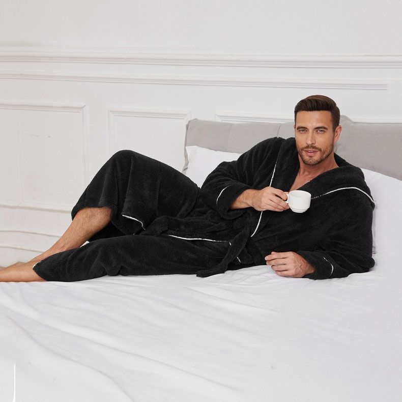 Men's Plush Fleece Hooded Bathrobe Black XXL Size Shawl Collar Dressing Gown - Thick Warm Soft Winter Loungewear with Belt Deep Pockets Machine Washable Home Spa Comfort Gift Ready