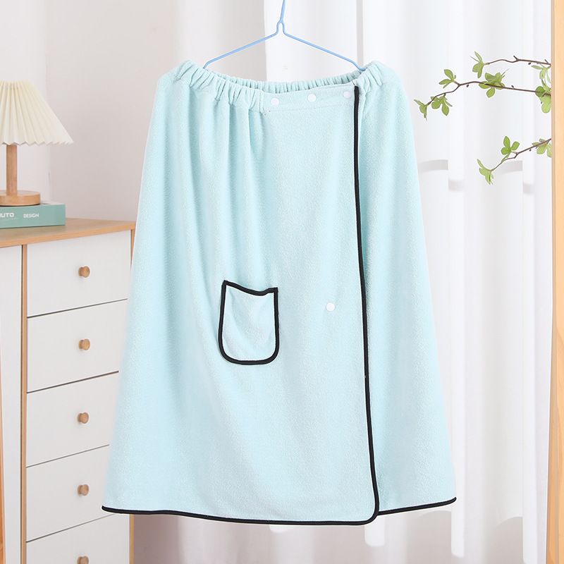 Light blue men's bath towel and gray towel set, made of coral fleece, quick-drying and absorbent. The towels have adjustable snap buttons, are soft and comfortable, and suitable for bathrooms, gyms, saunas, home spas, and other occasions