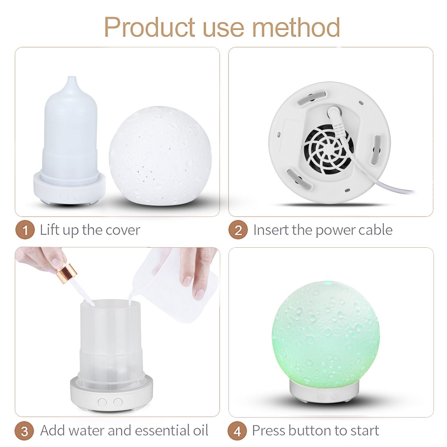 Moonlight Dreams Moon Lamp Humidifier Night Light USB Aroma Diffuser with Astronaut Figurine 7-Color LED Galaxy Bedroom Decor Gift for Kids & Adults (White base version)