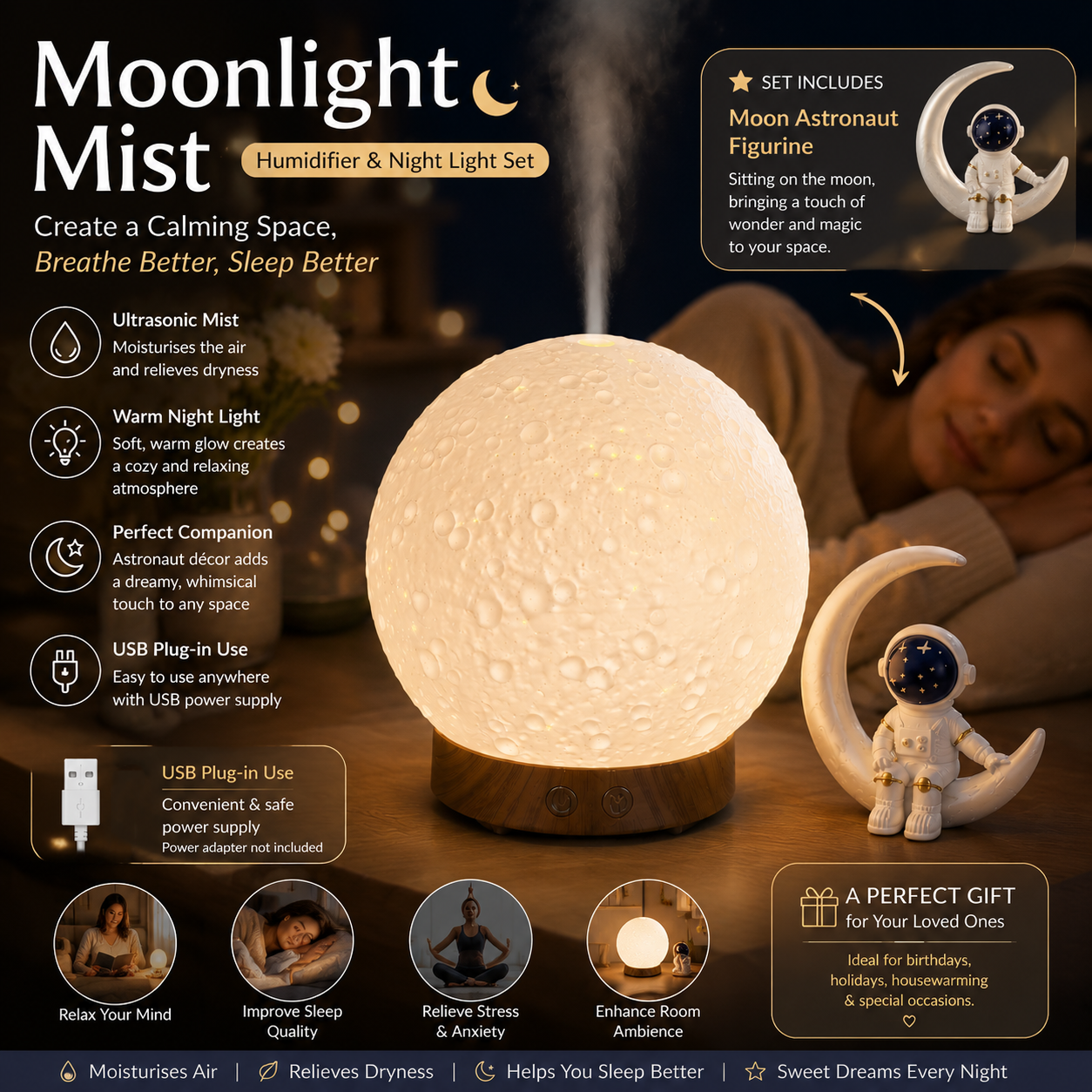Moonlight Dreams Moon Lamp Humidifier Night Light USB Aroma Diffuser with Astronaut Figurine 7-Color LED Galaxy Bedroom Decor Gift for Kids & Adults (Light wood grain base)