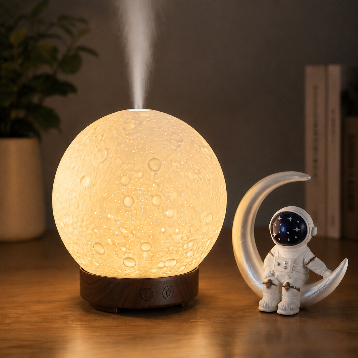 Moonlight Dreams Moon Lamp Humidifier Night Light USB Aroma Diffuser with Astronaut Figurine 7-Color LED Galaxy Bedroom Decor Gift for Kids & Adults (Dark wood grain base)