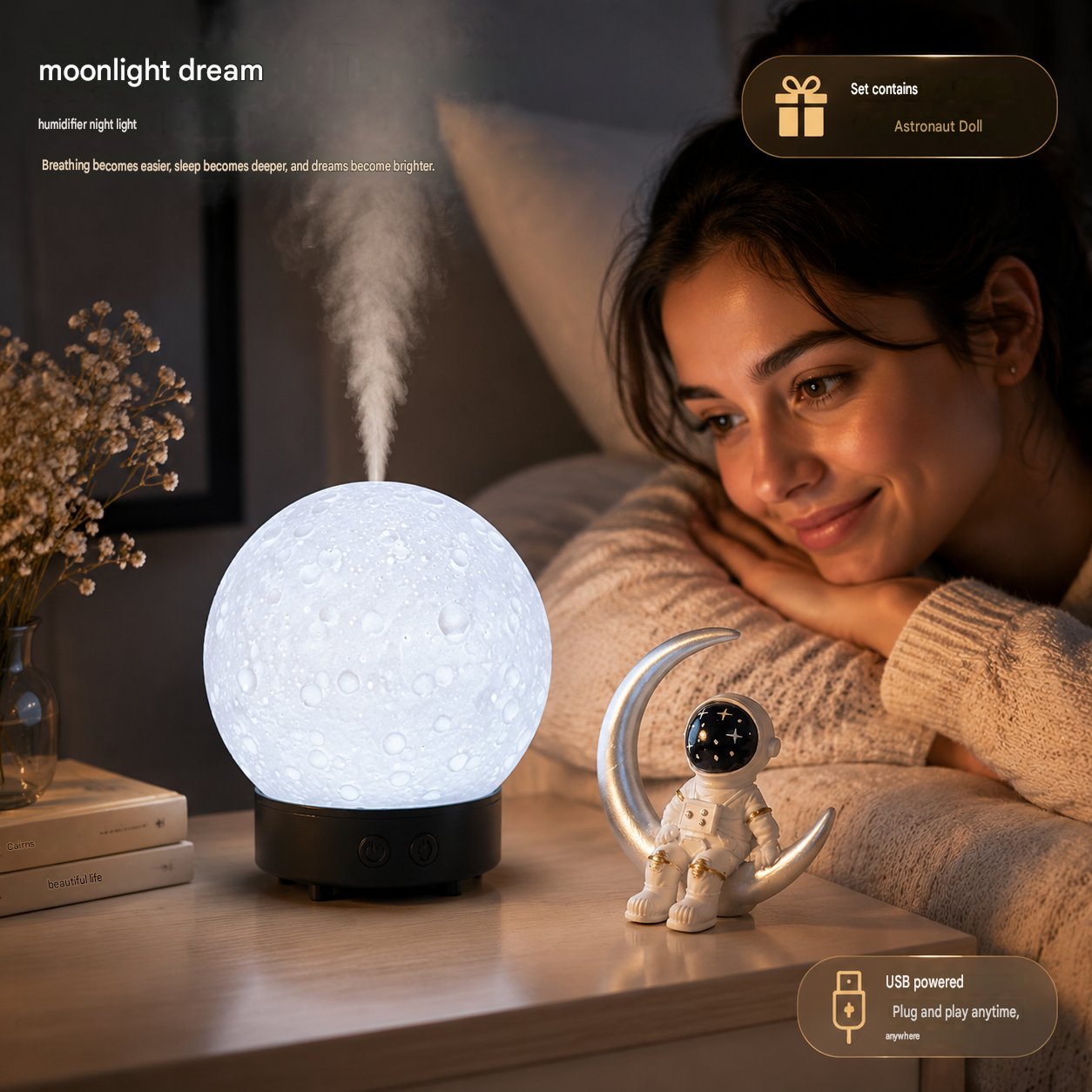 Moonlight Dreams Moon Lamp Humidifier Night Light USB Aroma Diffuser with Astronaut Figurine 7-Color LED Galaxy Bedroom Decor Gift for Kids & Adults (Black base)