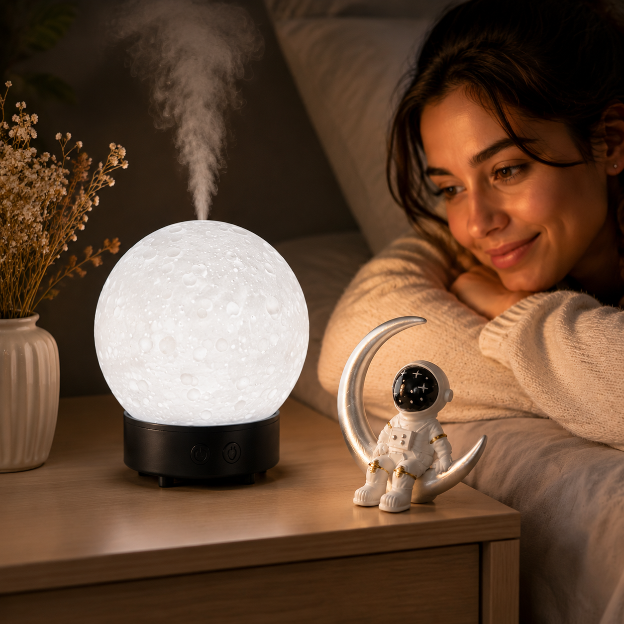 Moonlight Dreams Moon Lamp Humidifier Night Light USB Aroma Diffuser with Astronaut Figurine 7-Color LED Galaxy Bedroom Decor Gift for Kids & Adults (Black base)