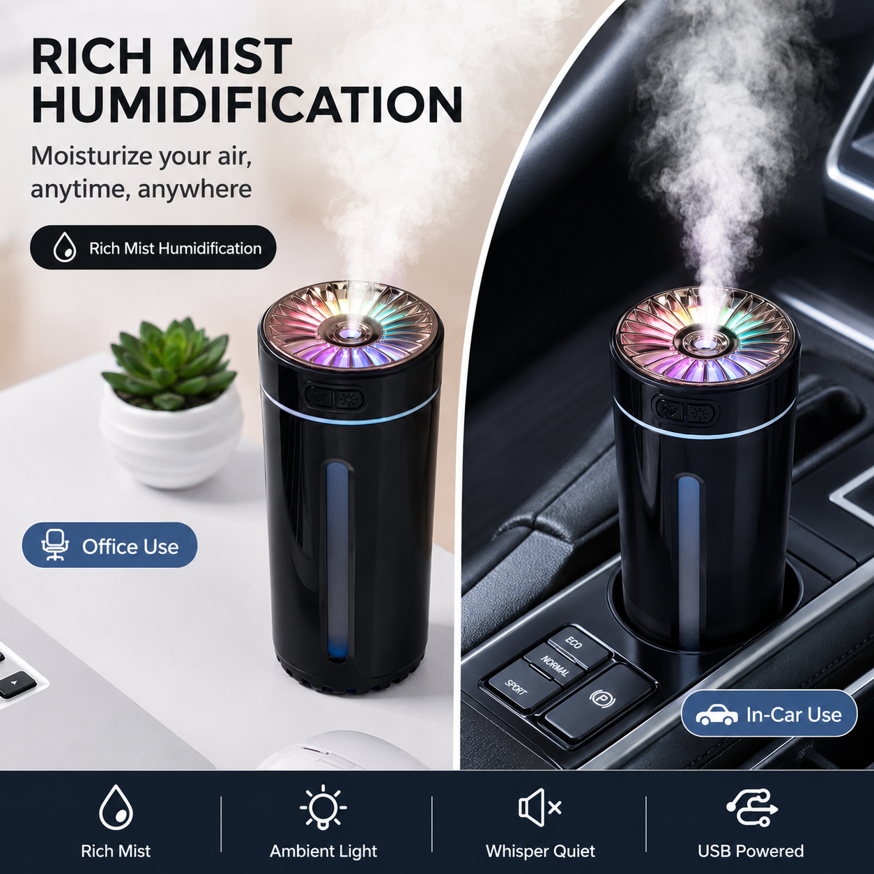 Black USB Rechargeable Car Aroma Diffuser Humidifier with Ambient Light, 300ml Portable Mist Air Freshener for Vehicle Office Home