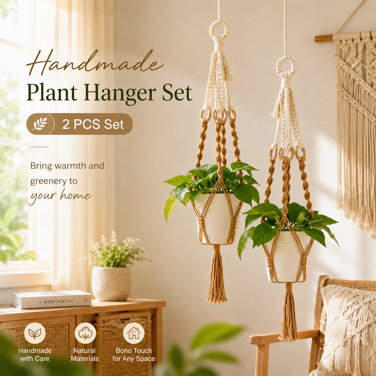 Handmade Plant Hanger Set 2 PCS（Type A）, Macrame Hanging Planter Basket with Cotton Rope Woven Design, Boho Plant Holder for Indoor Outdoor Garden Balcony Home Decor, Creative Hanging Flower Pot Holder
