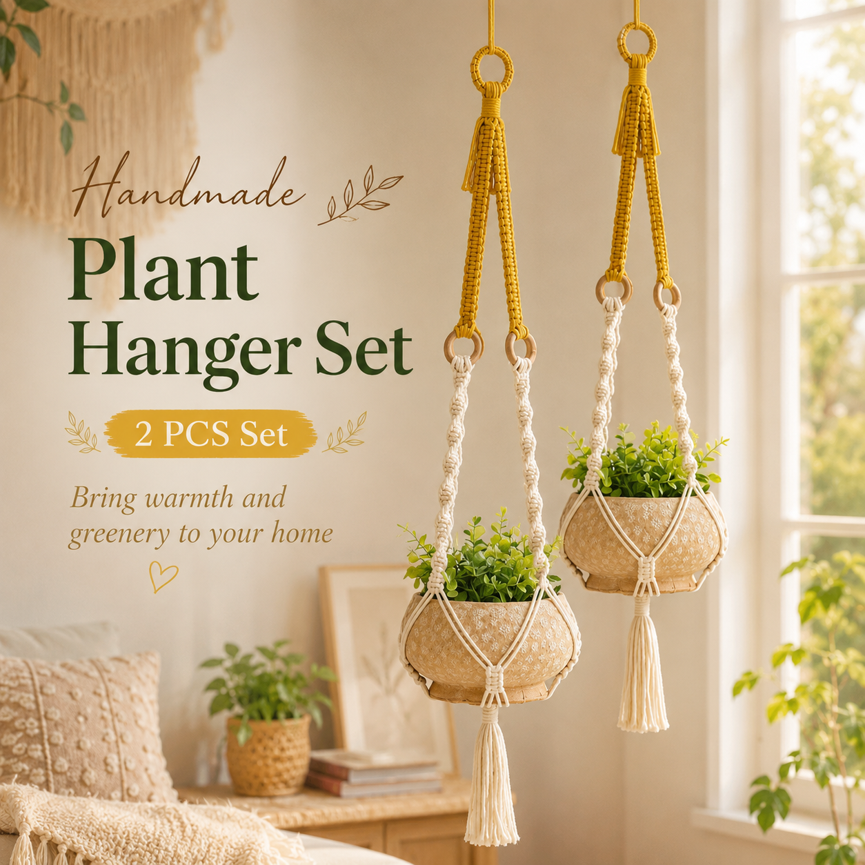 Handmade Plant Hanger Set 2 PCS（Type B）, Macrame Hanging Planter Basket with Cotton Rope Woven Design, Boho Plant Holder for Indoor Outdoor Garden Balcony Home Decor, Creative Hanging Flower Pot Holder