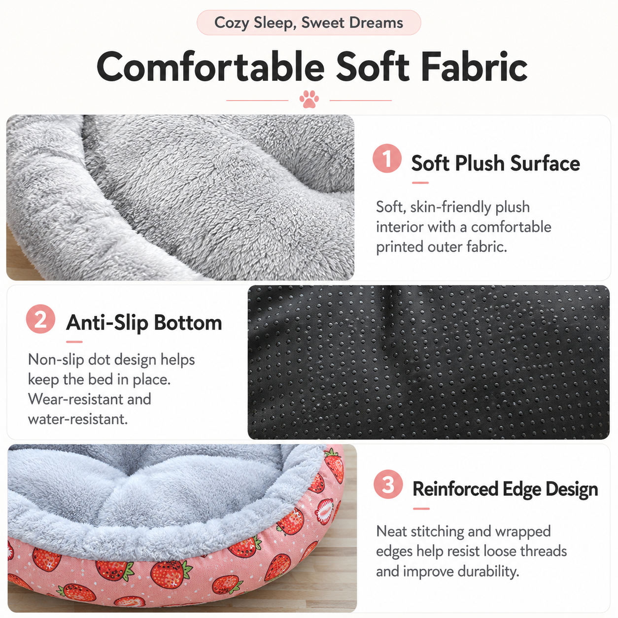 Round Pet Bed for Small Dogs and Cats, Soft Plush Calming Cat Bed with Strawberry Pattern, Cozy Washable Puppy Sleeping Mat, Non Slip Bottom Pet Cushion for Indoor Home Use(Diameter: 34cm)