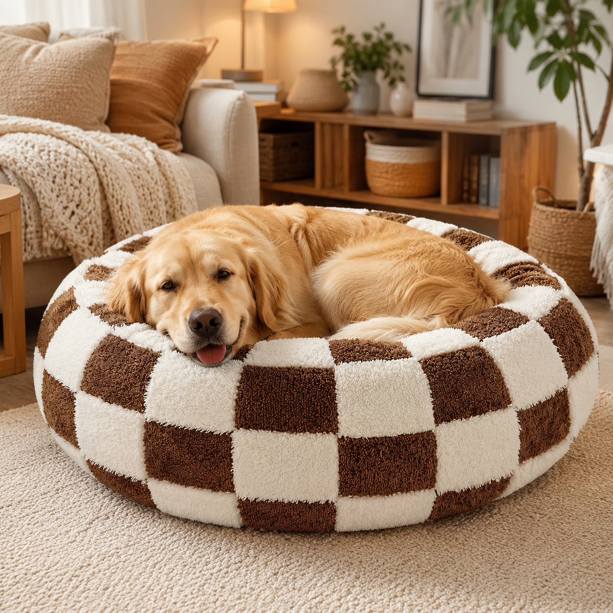 Small Medium Pet Donut Bed (Coffee plaid)-40cm outer diameter, Soft Plush Round Dog Bed and Cat Bed with Raised Rim, Cozy Calming Pet Sleeping Cushion, Checkered Washable Puppy Bed for Indoor Small Dogs Cats and Kittens