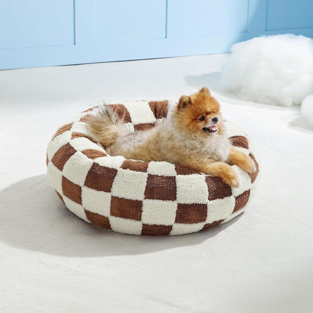 Small Medium Pet Donut Bed (Coffee plaid)-40cm outer diameter, Soft Plush Round Dog Bed and Cat Bed with Raised Rim, Cozy Calming Pet Sleeping Cushion, Checkered Washable Puppy Bed for Indoor Small Dogs Cats and Kittens